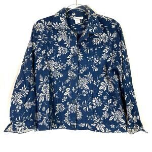 Coldwater Creek | Linen Blend Jacket Blue Floral Print Spring Womens Large